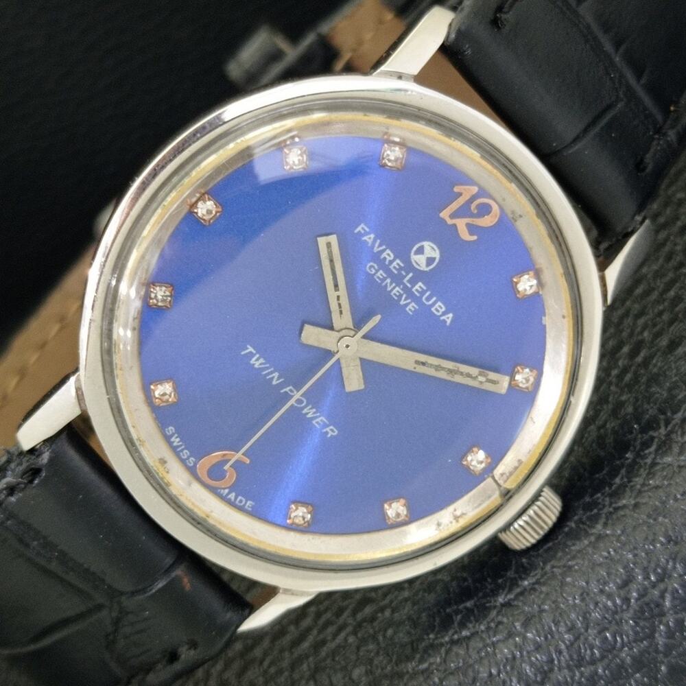 Vintage 1965 Favre Leuba Twin Power Manual Mens Silver Watch W/Leather Strap
